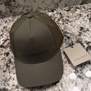 AllSaints Olive Logo Baseball Cap.. men’s ..trucker hat 
Silver snap back